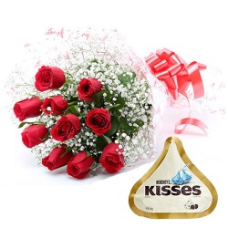 Red rose bunch with kisses chocolates