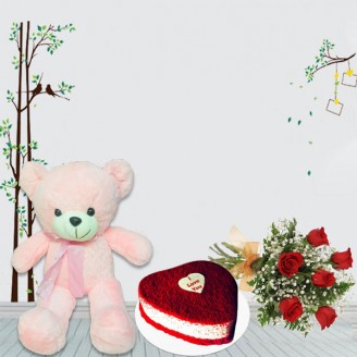 Teddy with roses and red velvet cake Valentine Week Delivery Jaipur, Rajasthan