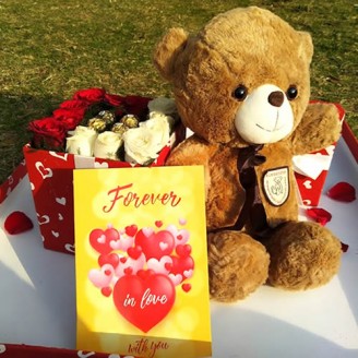 Chocolate and rose gift box with teddy and greeting card Flowers with chocolates Delivery Jaipur, Rajasthan