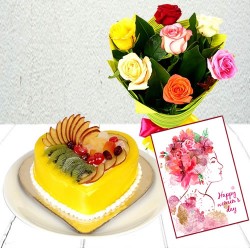 Heart shape fruit cake with rose and women's day card