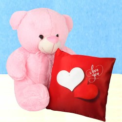 Pink teddy with i love you customized cushion with filler