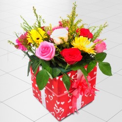 Mix seasonal flowers in square shape gift box