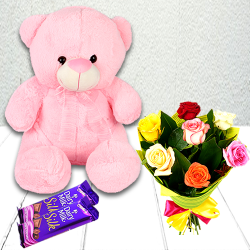 Mix roses with pink teddy and chocolates