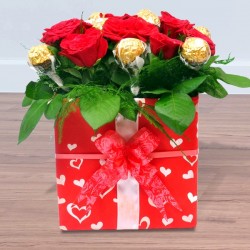 Red rose and ferrero rocher chocolates in designer gift box