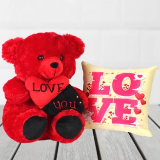 Love black and red teddy and love cushion with filler Valentine Week Delivery Jaipur, Rajasthan