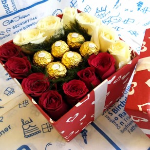Roses with ferrero rocher in designer gift box