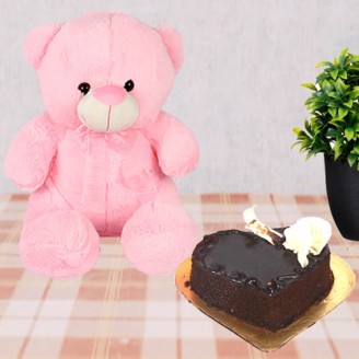 Beautiful pink teddy with heart shape chocolate cake Teddy Delivery Jaipur, Rajasthan