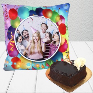 Colorful customized cushion with heart shape chocolate cake Customized Delivery Jaipur, Rajasthan