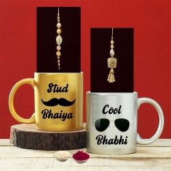 Stud bhaiya and cool bhabhi mug with couple rakhi and roli chawal