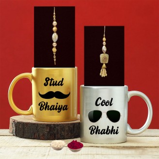 Stud bhaiya and cool bhabhi mug with couple rakhi and roli chawal Rakhi Gifts Delivery Jaipur, Rajasthan