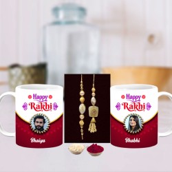 Personalized happy rakhi couple mug with rakhi and roli chawal combo