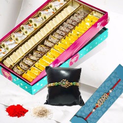 Kaju fancy sweet box with rakhi and roli chawal