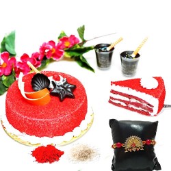 Red velvet cake with rakhi