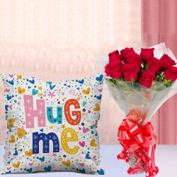 Hug me cushion with 10 red rose bunch