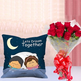 Let's dream together cushion with 10 red rose bunch Anniversary gifts Delivery Jaipur, Rajasthan