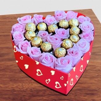 Pink roses with ferrrero rocher in heart shape box Chocolate Delivery Jaipur, Rajasthan