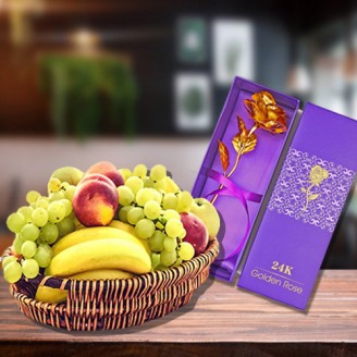 Fruits basket with artificial golden rose Gift Hampers Delivery Jaipur, Rajasthan