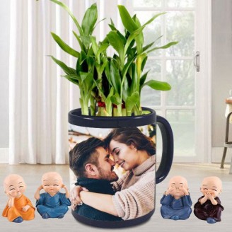 2 Layer Lucky bamboo in personalized mug and 4 monks Anniversary combo Delivery Jaipur, Rajasthan