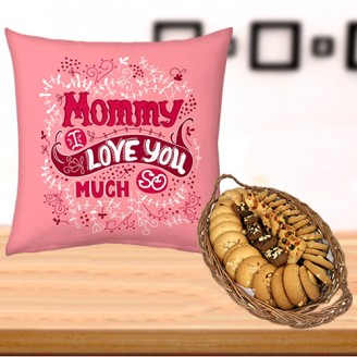 I love you mom cushion with cookies basket Mothers Day Special Delivery Jaipur, Rajasthan