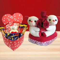 Hearty Chocolate with cute couple teddy and red roses