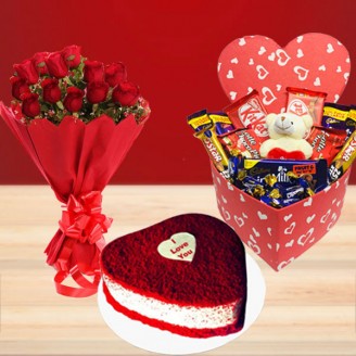 Hearty chocolates with red roses and heart shape red velvet cake Online Cake Delivery Delivery Jaipur, Rajasthan