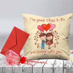 lovely couple cushion with rose chocolate and greeting 