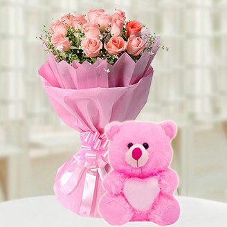 12 Pink Rose bunch with teddy Online flower delivery in Jaipur Delivery Jaipur, Rajasthan