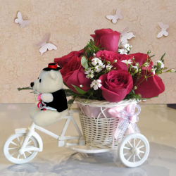 Tricycle with 10 red roses and cute teddy