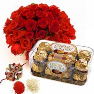 Ferrero rocher and red rose bunch with rakhi Delivery Jaipur, Rajasthan