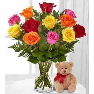 Mixed Roses in vase with teddy bear Online flower delivery in Jaipur Delivery Jaipur, Rajasthan