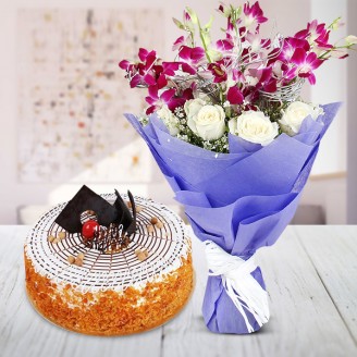Flower bunch and Swedish butter scotch cake Online cake and flower delivery in Jaipur Delivery Jaipur, Rajasthan