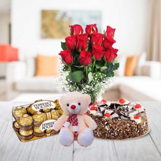 12 Rose Teddy 16 nos Ferrero Rocher and Cake Online Cake Delivery Delivery Jaipur, Rajasthan