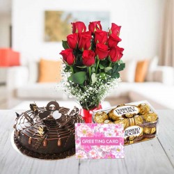 Half kg chocolate cake rose bunch ferrero rocher box greeting card